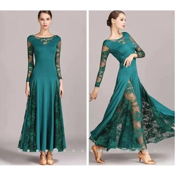 Long sleeve lace formal dress features lace inserts ..designed for Latin dancers - Picture 5 of 8